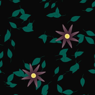 Serbest kompozisyonda yeşil yapraklı basit çiçekler, vektör illüstrasyonu