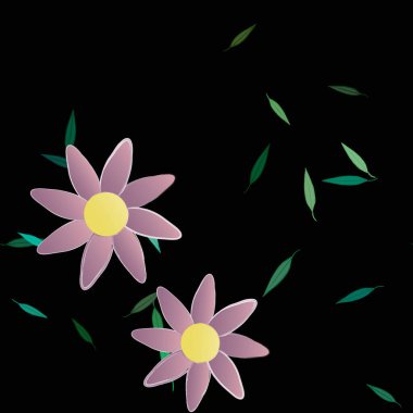 Serbest kompozisyonda yeşil yapraklı basit çiçekler, vektör illüstrasyonu