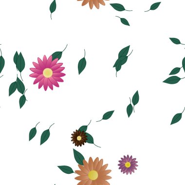 Serbest kompozisyonda yeşil yapraklı basit çiçekler, vektör illüstrasyonu