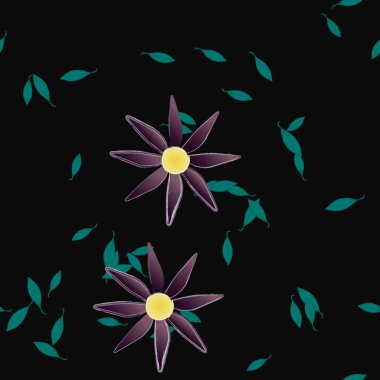 Serbest kompozisyonda yeşil yapraklı basit çiçekler, vektör illüstrasyonu