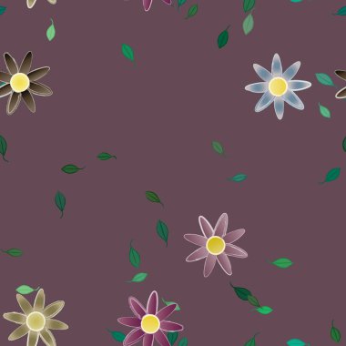 Serbest kompozisyonda yeşil yapraklı basit çiçekler, vektör illüstrasyonu