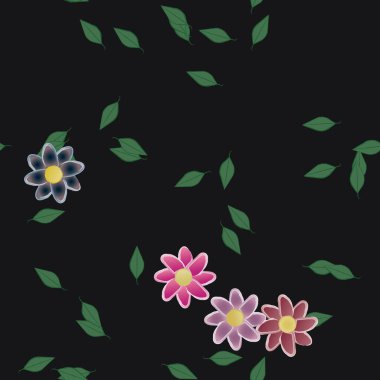 Serbest kompozisyonda yeşil yapraklı basit çiçekler, vektör illüstrasyonu