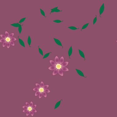 Serbest kompozisyonda yeşil yapraklı basit çiçekler, vektör illüstrasyonu