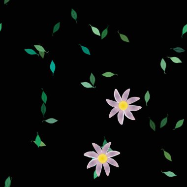 Serbest kompozisyonda yeşil yapraklı basit çiçekler, vektör illüstrasyonu