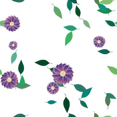 Serbest kompozisyonda yeşil yapraklı basit çiçekler, vektör illüstrasyonu