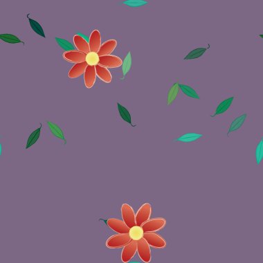 Serbest kompozisyonda yeşil yapraklı basit çiçekler, vektör illüstrasyonu