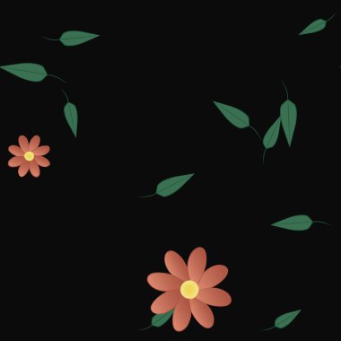 Serbest kompozisyonda yeşil yapraklı basit çiçekler, vektör illüstrasyonu