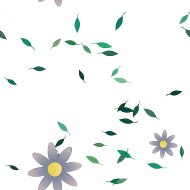 Serbest kompozisyonda yeşil yapraklı basit çiçekler, vektör illüstrasyonu