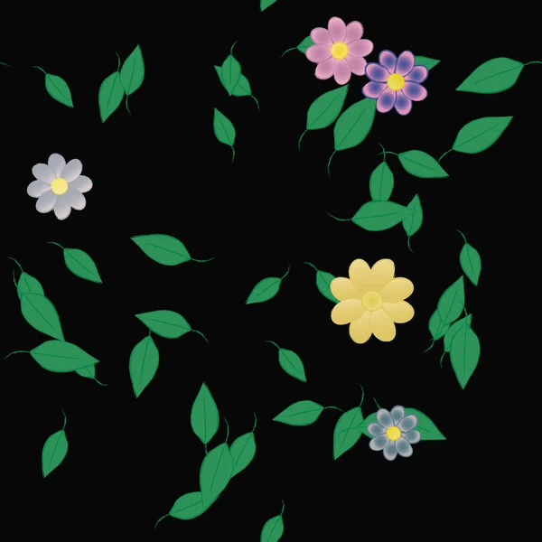 Enkla Blommor Med Gröna Blad Fri Sammansättning Vektor Illustration — Stock vektor