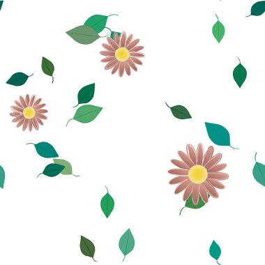 Serbest kompozisyonda yeşil yapraklı basit çiçekler, vektör illüstrasyonu