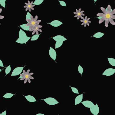 Serbest kompozisyonda yeşil yapraklı basit çiçekler, vektör illüstrasyonu