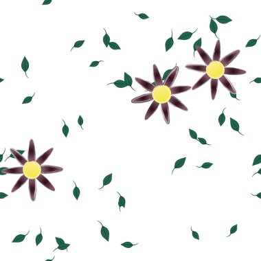 Serbest kompozisyonda yeşil yapraklı basit çiçekler, vektör illüstrasyonu