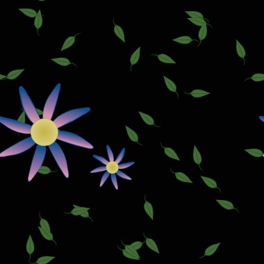 Serbest kompozisyonda yeşil yapraklı basit çiçekler, vektör illüstrasyonu