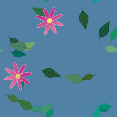 Serbest kompozisyonda yeşil yapraklı basit çiçekler, vektör illüstrasyonu