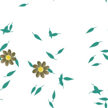 Serbest kompozisyonda yeşil yapraklı basit çiçekler, vektör illüstrasyonu