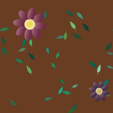 Serbest kompozisyonda yeşil yapraklı basit çiçekler, vektör illüstrasyonu