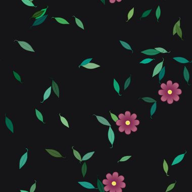 Serbest kompozisyonda yeşil yapraklı basit çiçekler, vektör illüstrasyonu