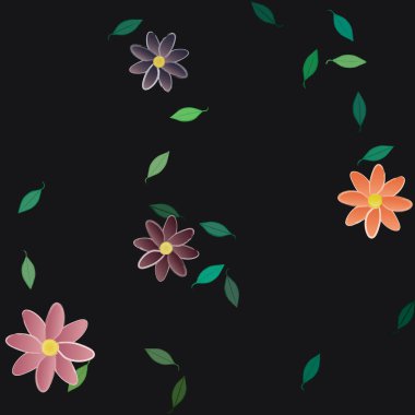 Serbest kompozisyonda yeşil yapraklı basit çiçekler, vektör illüstrasyonu