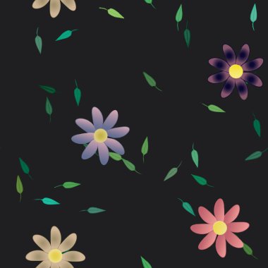 Serbest kompozisyonda yeşil yapraklı basit çiçekler, vektör illüstrasyonu