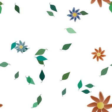 Serbest kompozisyonda yeşil yapraklı basit çiçekler, vektör illüstrasyonu