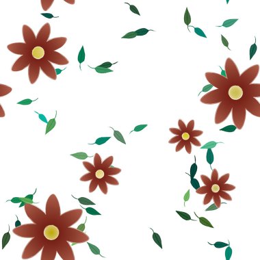 Serbest kompozisyonda yeşil yapraklı basit çiçekler, vektör illüstrasyonu