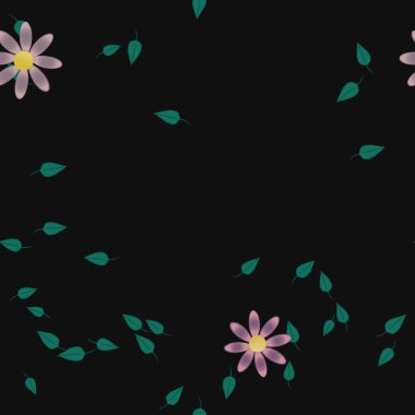 Serbest kompozisyonda yeşil yapraklı basit çiçekler, vektör illüstrasyonu