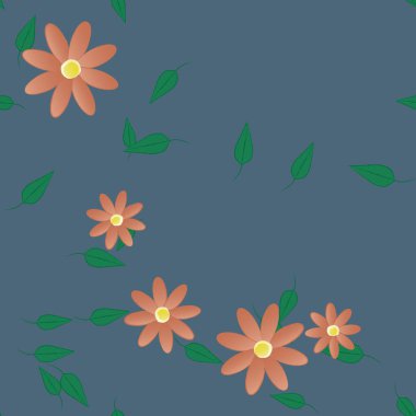 Serbest kompozisyonda yeşil yapraklı basit çiçekler, vektör illüstrasyonu