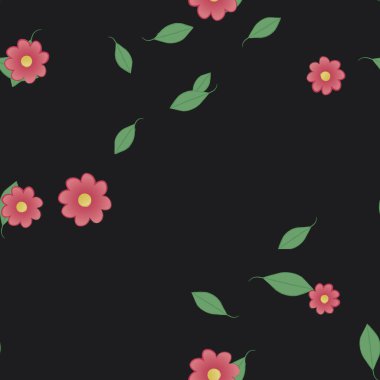 Serbest kompozisyonda yeşil yapraklı basit çiçekler, vektör illüstrasyonu