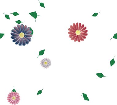 Serbest kompozisyonda yeşil yapraklı basit çiçekler, vektör illüstrasyonu