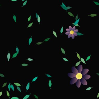 Serbest kompozisyonda yeşil yapraklı basit çiçekler, vektör illüstrasyonu