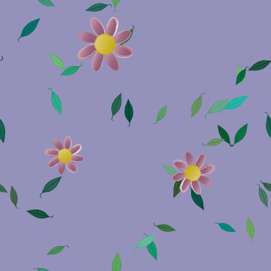 Serbest kompozisyonda yeşil yapraklı basit çiçekler, vektör illüstrasyonu