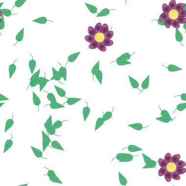 Serbest kompozisyonda yeşil yapraklı basit çiçekler, vektör illüstrasyonu