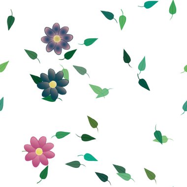 Serbest kompozisyonda yeşil yapraklı basit çiçekler, vektör illüstrasyonu