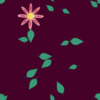 Serbest kompozisyonda yeşil yapraklı basit çiçekler, vektör illüstrasyonu