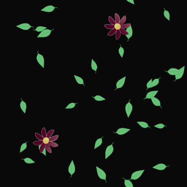 Serbest kompozisyonda yeşil yapraklı basit çiçekler, vektör illüstrasyonu