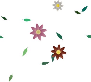 Serbest kompozisyonda yeşil yapraklı basit çiçekler, vektör illüstrasyonu