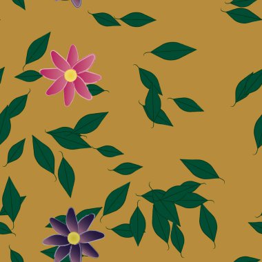 Serbest kompozisyonda yeşil yapraklı basit çiçekler, vektör illüstrasyonu