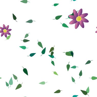 Serbest kompozisyonda yeşil yapraklı basit çiçekler, vektör illüstrasyonu