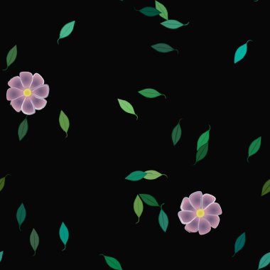 Serbest kompozisyonda yeşil yapraklı basit çiçekler, vektör illüstrasyonu