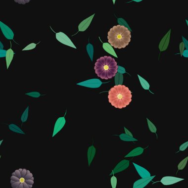 Serbest kompozisyonda yeşil yapraklı basit çiçekler, vektör illüstrasyonu