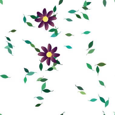 Serbest kompozisyonda yeşil yapraklı basit çiçekler, vektör illüstrasyonu