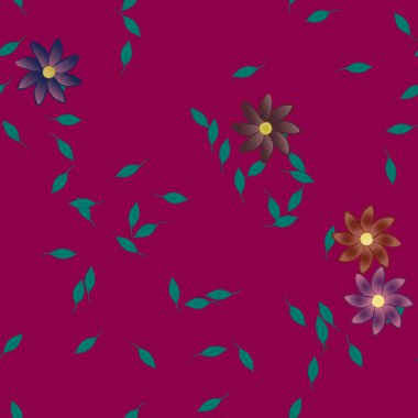 Serbest kompozisyonda yeşil yapraklı basit çiçekler, vektör illüstrasyonu