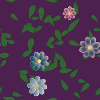 Serbest kompozisyonda yeşil yapraklı basit çiçekler, vektör illüstrasyonu