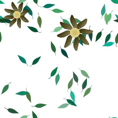 Serbest kompozisyonda yeşil yapraklı basit çiçekler, vektör illüstrasyonu