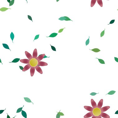 Serbest kompozisyonda yeşil yapraklı basit çiçekler, vektör illüstrasyonu