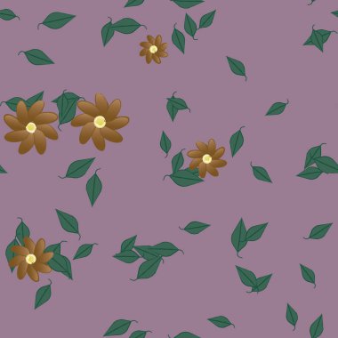 Serbest kompozisyonda yeşil yapraklı basit çiçekler, vektör illüstrasyonu