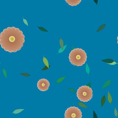 Serbest kompozisyonda yeşil yapraklı basit çiçekler, vektör illüstrasyonu