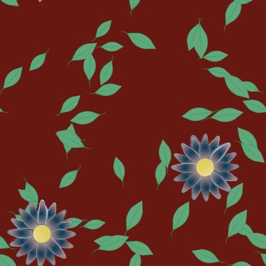 Serbest kompozisyonda yeşil yapraklı basit çiçekler, vektör illüstrasyonu