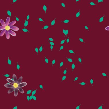 Serbest kompozisyonda yeşil yapraklı basit çiçekler, vektör illüstrasyonu