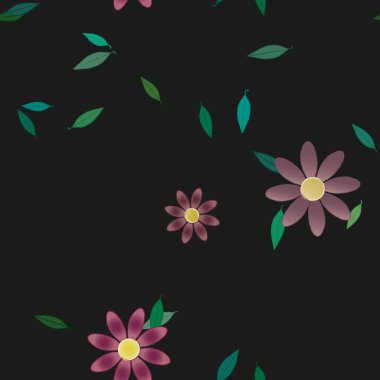 Serbest kompozisyonda yeşil yapraklı basit çiçekler, vektör illüstrasyonu